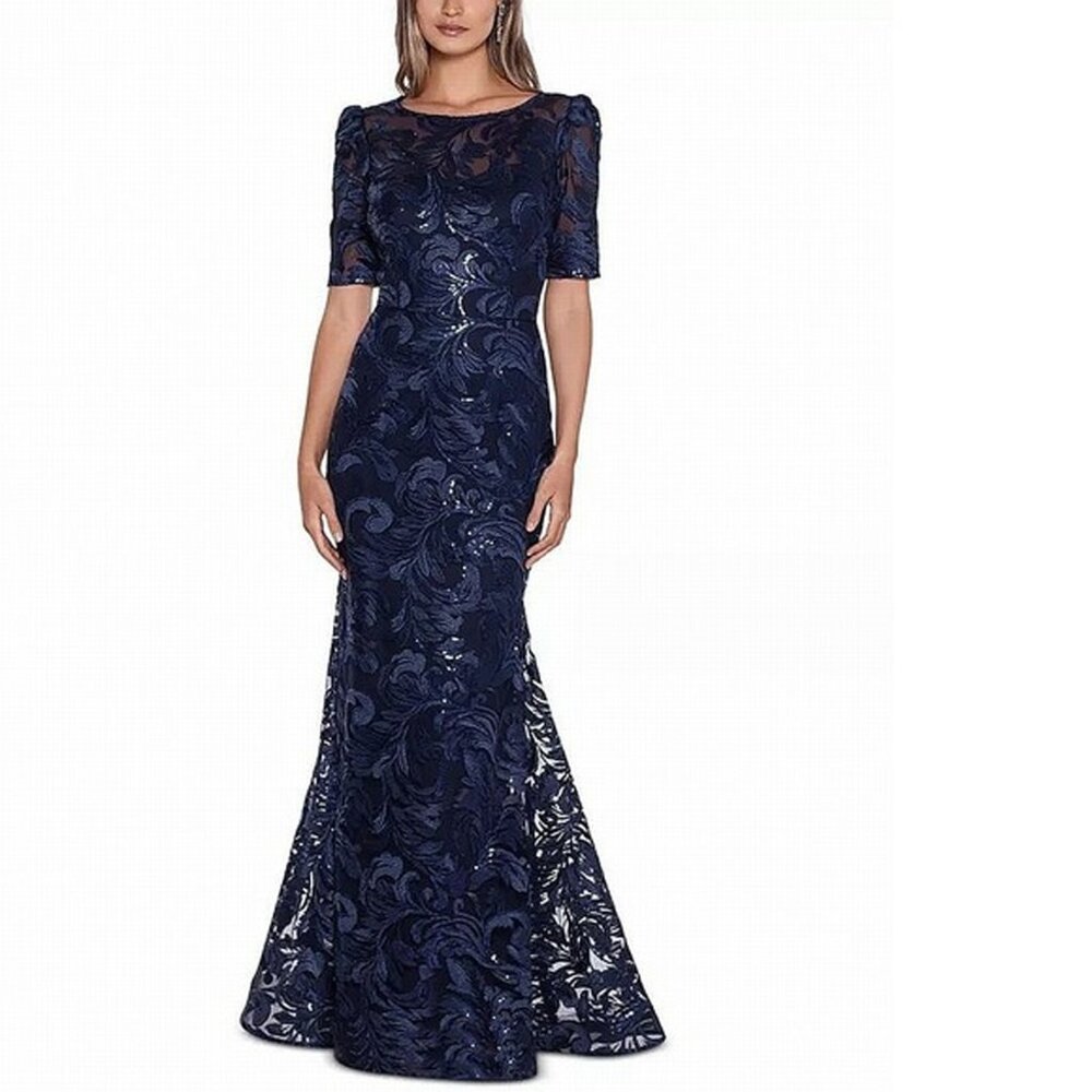 Xscape Navy Blue Lace Sequin Mermaid Gown